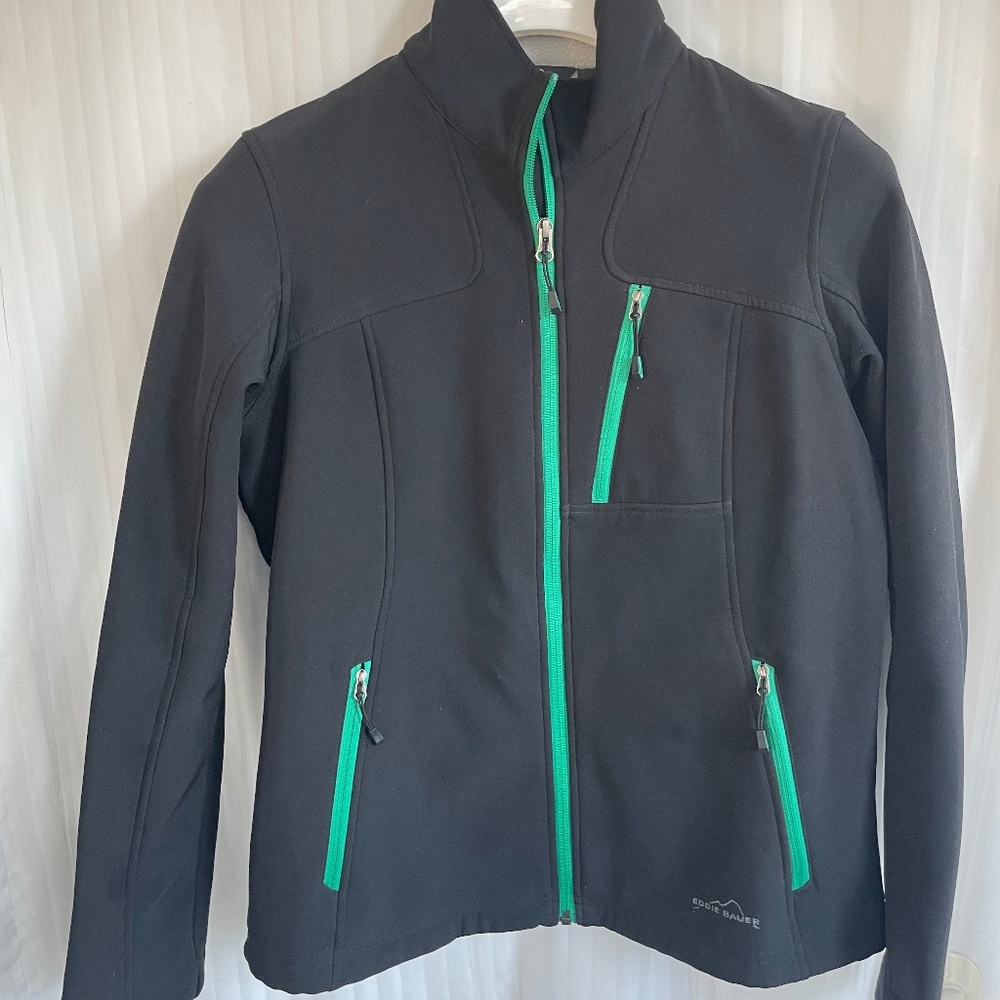 Eddie Bauer Black Zip Up Green Accents Soft Shell Microfleece Jacket, Medium